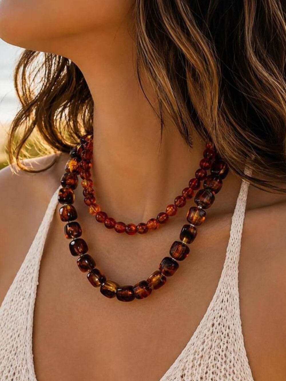 Amber Chunky Resin Beaded Necklace Set 2PCS Layered Choker